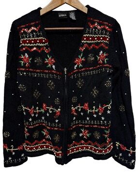 Vintage Erika Christmas Holiday Beaded Embroidered Zip Cardigan Sweater